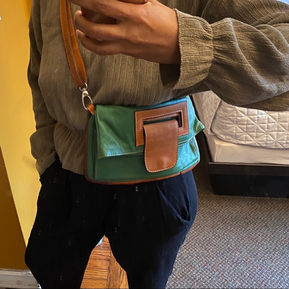 Italian Leather Green and Tan crossbody bag
